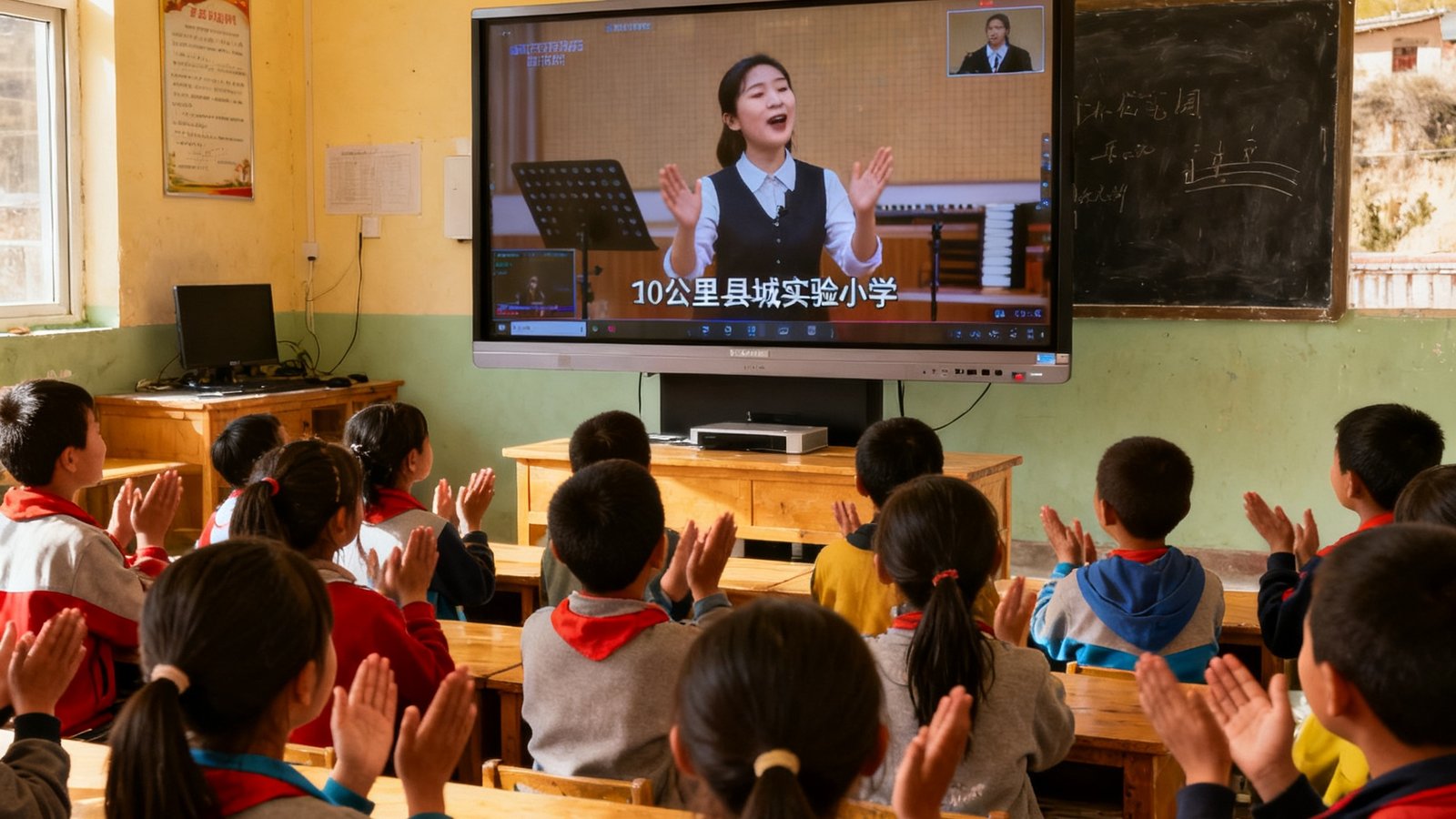 甘肃陇南礼县一个仅有28名学生的山区教学点，孩子们围坐在PT视讯互动显示屏前与80公里外的县城实验小学进行音乐课同步互动，屏幕中远程音乐老师正在教唱歌曲，本地学生跟着节奏拍手。