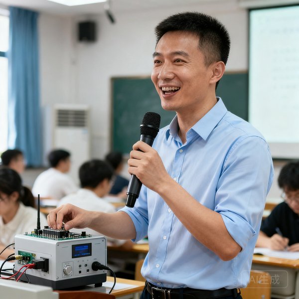 PT视讯客户成功负责人马晓东半身肖像照，32岁男性，短发精干，身穿浅蓝色衬衫，背景为正在进行的教师培训现场，他手持麦克风讲解设备操作，充满感染力。